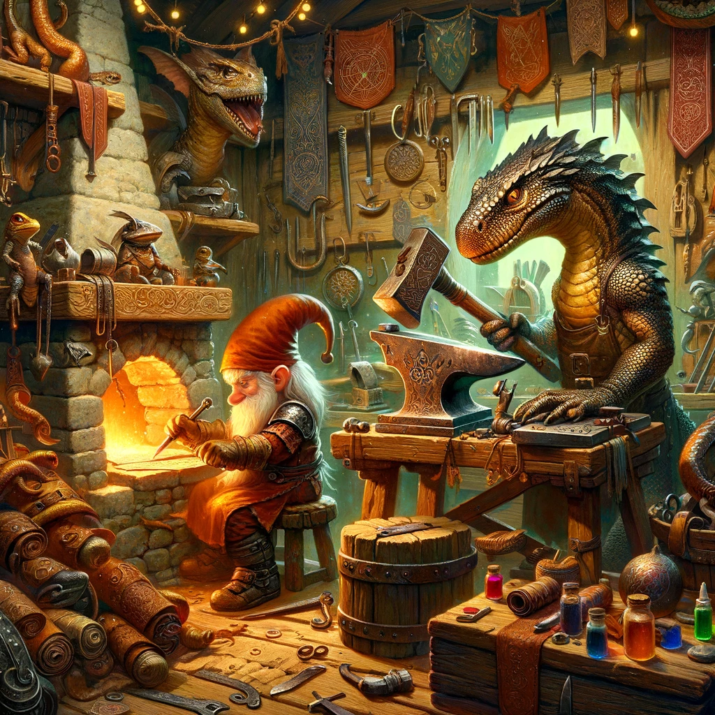 A gnome and lizardfolk crafting together