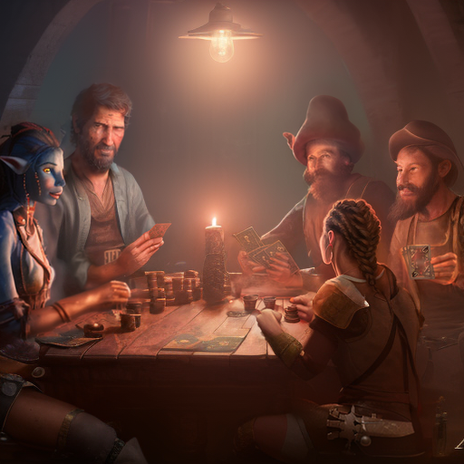 variety of adventurers playing cards at the tavern